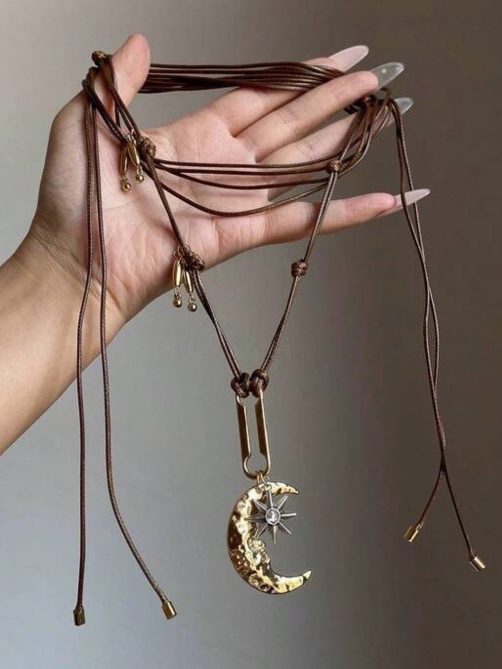 Gold Moon & Star Pendant on Brown Cord Necklace (2000) NWOT
